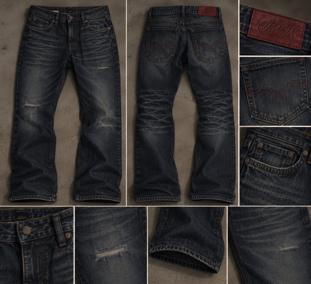Original OKASIN bootcut jeans: full front and back views with stitching, label and faded denim details
